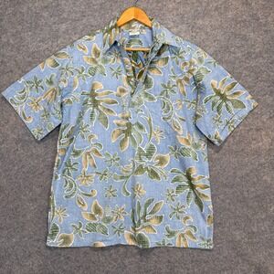 Vintage Go Barefoot Hawaiian Shirt Mens Large Floral Blue Reverse Print Aloha 90